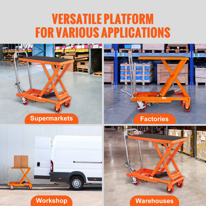 Hydraulic Lift Table Cart, 500lbs Capacity 28.5" Lifting Height, Manual Single Scissor Lift Table with 4 Wheels and Non-slip Pad, Hydraulic Scissor Cart for Material Handling, Orange