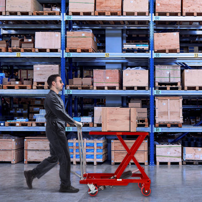 Hydraulic Lift Table Cart, 500lbs Capacity 28.5" Lifting Height, Manual Single Scissor Lift Table with 4 Wheels and Non-slip Pad, Hydraulic Scissor Cart for Material Handling, Red