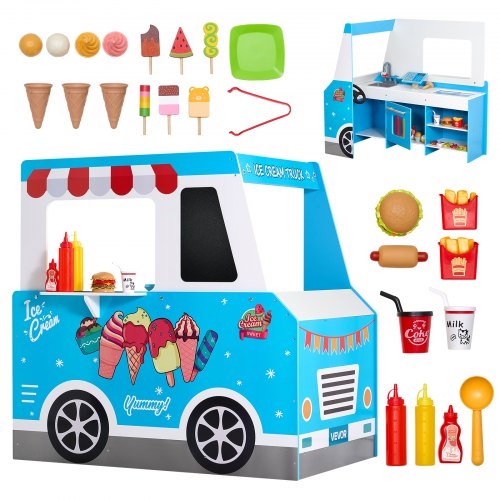 Ice Cream Cart for Kids, 20+ PCS Ice Cream Truck Wooden Playset, Pretend Play Stand with Steering Wheel & Chalkboard, Payment Scanner & Freezer, Faucet & Sink, Suitable for Kids 3-7 Years Old