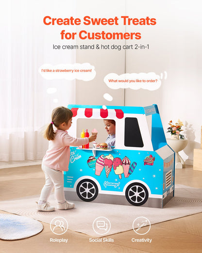 Ice Cream Cart for Kids, 20+ PCS Ice Cream Truck Wooden Playset, Pretend Play Stand with Steering Wheel & Chalkboard, Payment Scanner & Freezer, Faucet & Sink, Suitable for Kids 3-7 Years Old