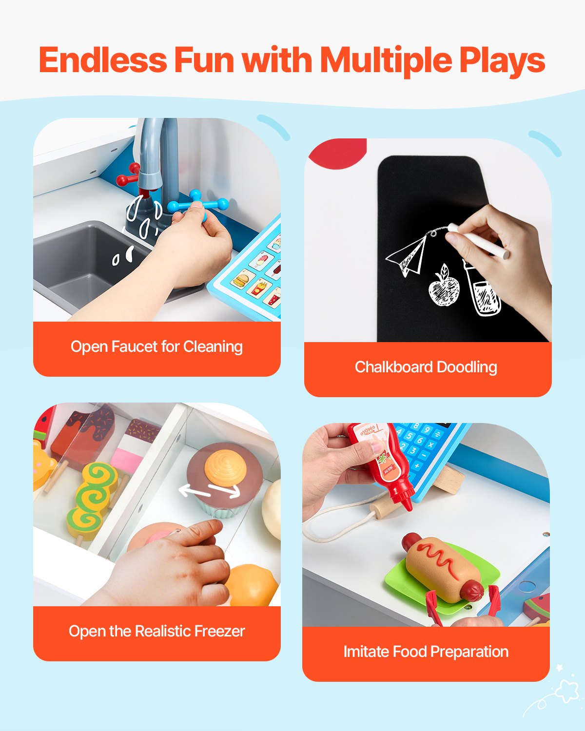 Ice Cream Cart for Kids, 20+ PCS Ice Cream Truck Wooden Playset, Pretend Play Stand with Steering Wheel & Chalkboard, Payment Scanner & Freezer, Faucet & Sink, Suitable for Kids 3-7 Years Old