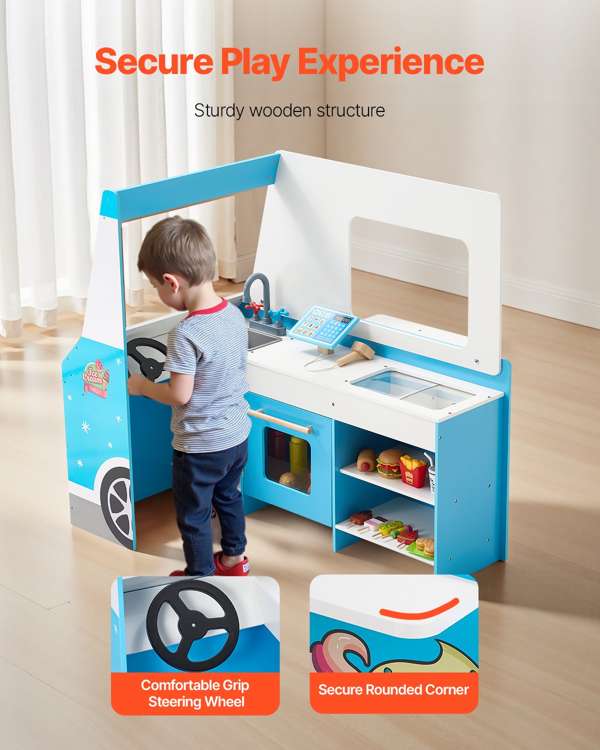 Ice Cream Cart for Kids, 20+ PCS Ice Cream Truck Wooden Playset, Pretend Play Stand with Steering Wheel & Chalkboard, Payment Scanner & Freezer, Faucet & Sink, Suitable for Kids 3-7 Years Old