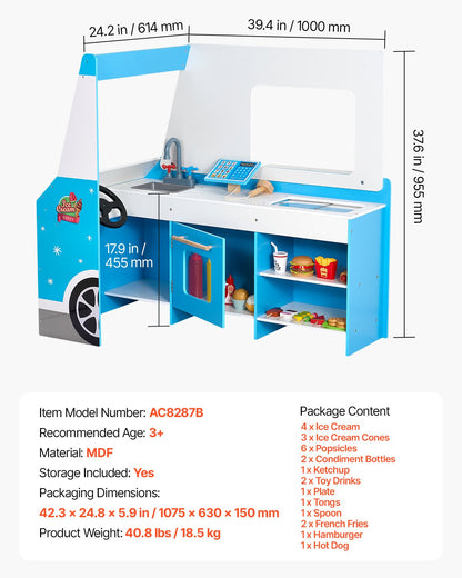 Ice Cream Cart for Kids, 20+ PCS Ice Cream Truck Wooden Playset, Pretend Play Stand with Steering Wheel & Chalkboard, Payment Scanner & Freezer, Faucet & Sink, Suitable for Kids 3-7 Years Old