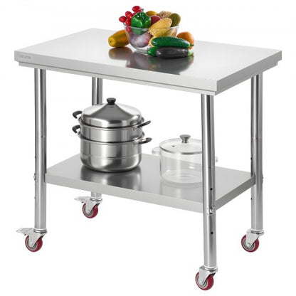 Stainless Steel Table, 60 x 90 cm Food Prep Worktable with Wheels, Kitchen Prep Table with Adjustable Undershelf Workstations for Commercial Kitchen, Restaurant, Hotel and Garage, Outdoor