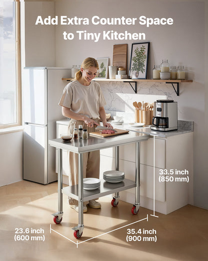 Stainless Steel Table, 60 x 90 cm Food Prep Worktable with Wheels, Kitchen Prep Table with Adjustable Undershelf Workstations for Commercial Kitchen, Restaurant, Hotel and Garage, Outdoor