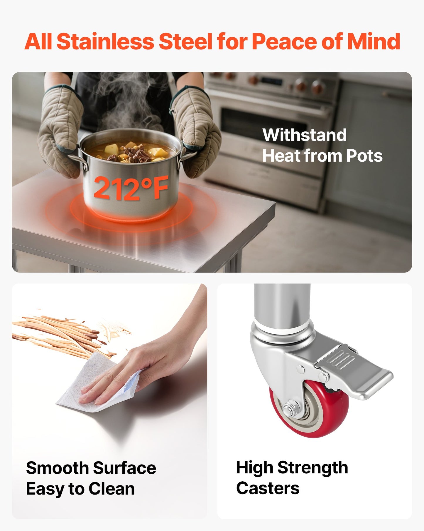 Stainless Steel Table, 61 x 45 cm Food Prep Worktable with Wheels, Kitchen Prep Table with Adjustable Undershelf Workstations for Commercial Kitchen, Restaurant, Hotel and Garage, Outdoor