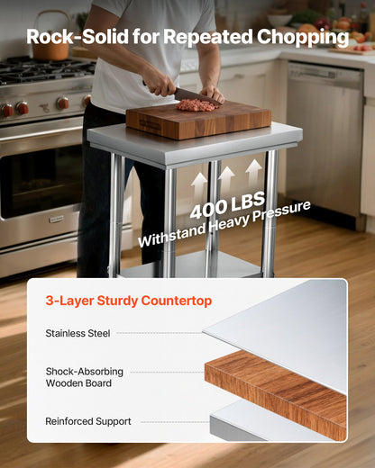 Stainless Steel Table, 61 x 45 cm Food Prep Worktable with Wheels, Kitchen Prep Table with Adjustable Undershelf Workstations for Commercial Kitchen, Restaurant, Hotel and Garage, Outdoor