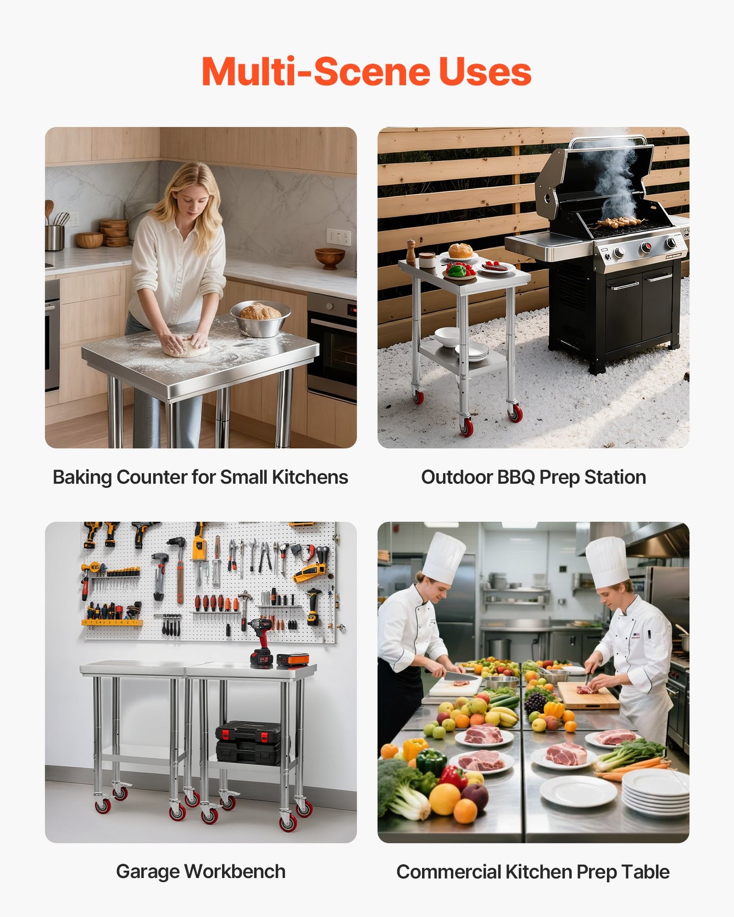 Stainless Steel Table, 61 x 45 cm Food Prep Worktable with Wheels, Kitchen Prep Table with Adjustable Undershelf Workstations for Commercial Kitchen, Restaurant, Hotel and Garage, Outdoor