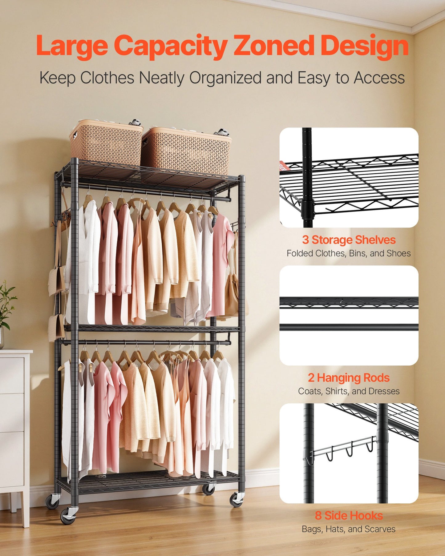 Rolling Clothes Rack, Heavy Duty Clothing Garment Rack, 3 Adjustable Tiers Clothing Racks with Carbon Steel, 204 kg Load Capacity Closet Wardrobe for Bedroom, Clothing Store, Hallway