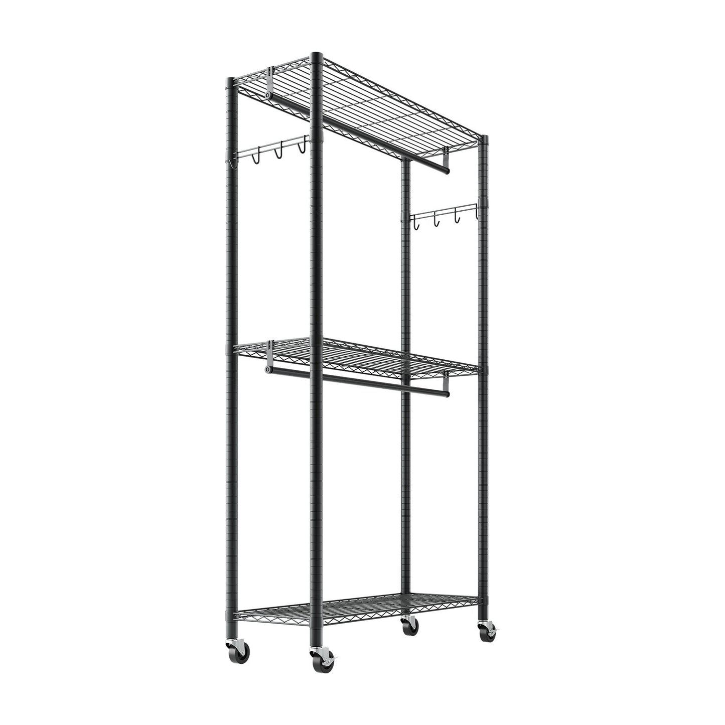Rolling Clothes Rack, Heavy Duty Clothing Garment Rack, 3 Adjustable Tiers Clothing Racks with Carbon Steel, 204 kg Load Capacity Closet Wardrobe for Bedroom, Clothing Store, Hallway
