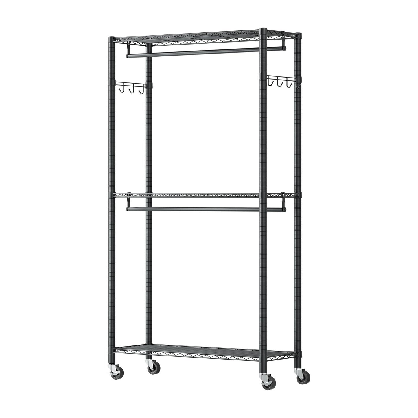 Rolling Clothes Rack, Heavy Duty Clothing Garment Rack, 3 Adjustable Tiers Clothing Racks with Carbon Steel, 204 kg Load Capacity Closet Wardrobe for Bedroom, Clothing Store, Hallway