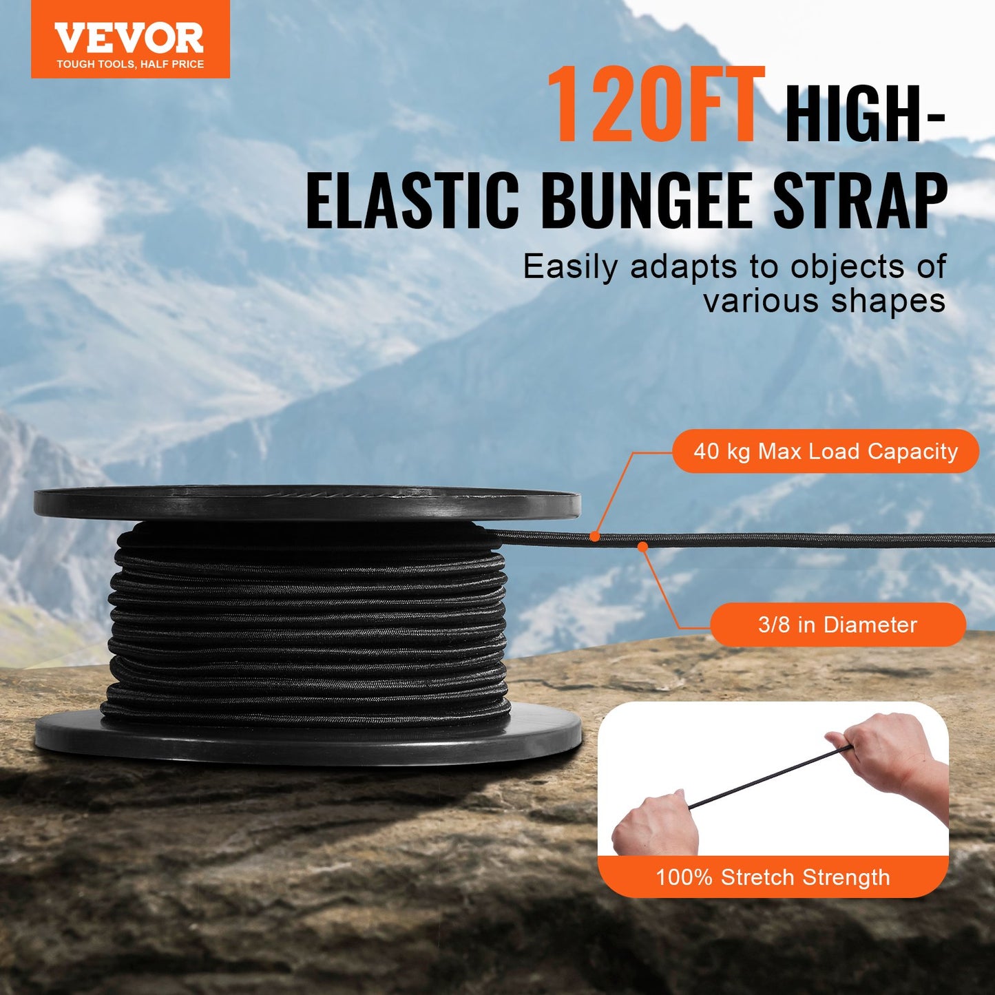 3/8 inch Bungee Cord, 120 ft/36 m Spool Heavy Duty Bungee Straps, 100% Stretch Elastic Bungee Rope for Cargo, Tarps, Camping, Kayak Deck and Crafting, Black