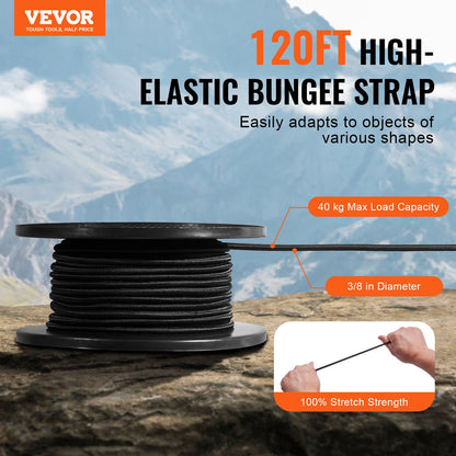 3/8 inch Bungee Cord, 120 ft/36 m Spool Heavy Duty Bungee Straps, 100% Stretch Elastic Bungee Rope for Cargo, Tarps, Camping, Kayak Deck and Crafting, Black