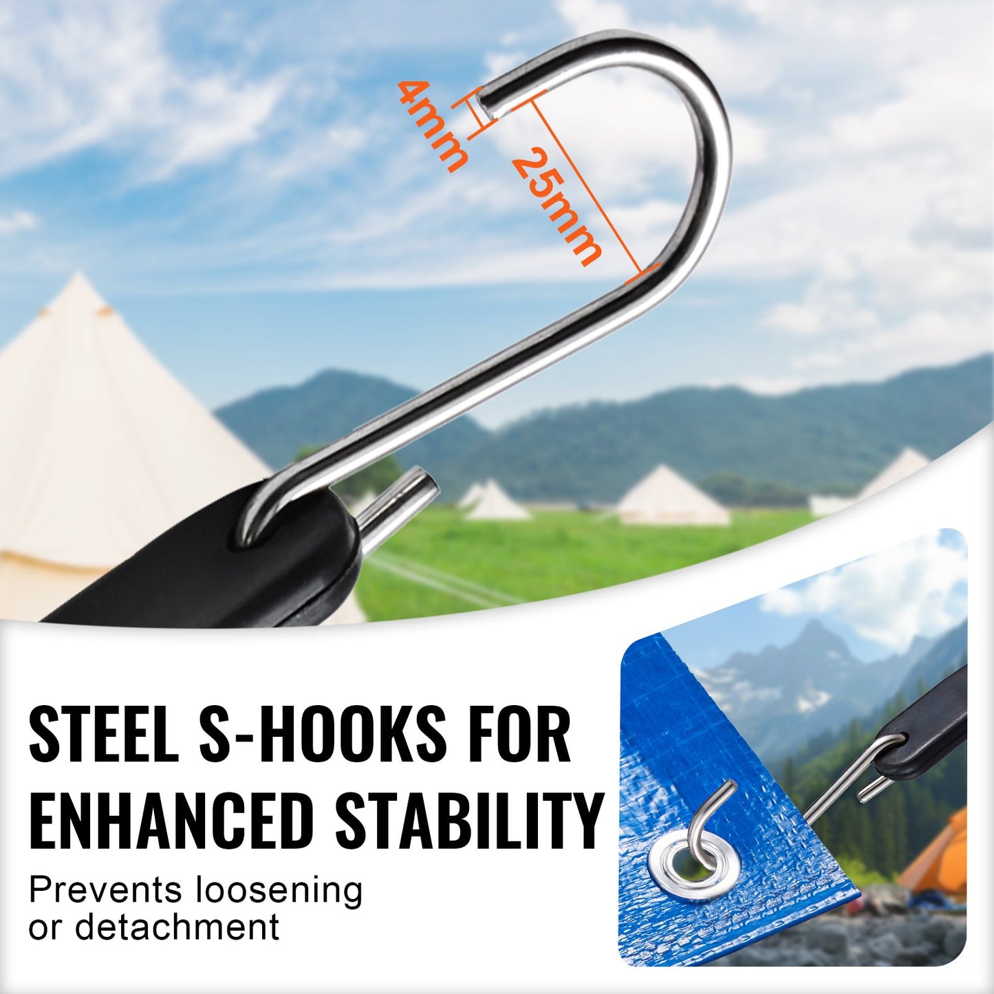 10 Piece Flat Bungee Cord, 20 mm Heavy Duty Bungee Straps with Steel S-Hooks, 24" Elastic Bungee Rope for Cargo, Tarps, Trucks and Tent, Black