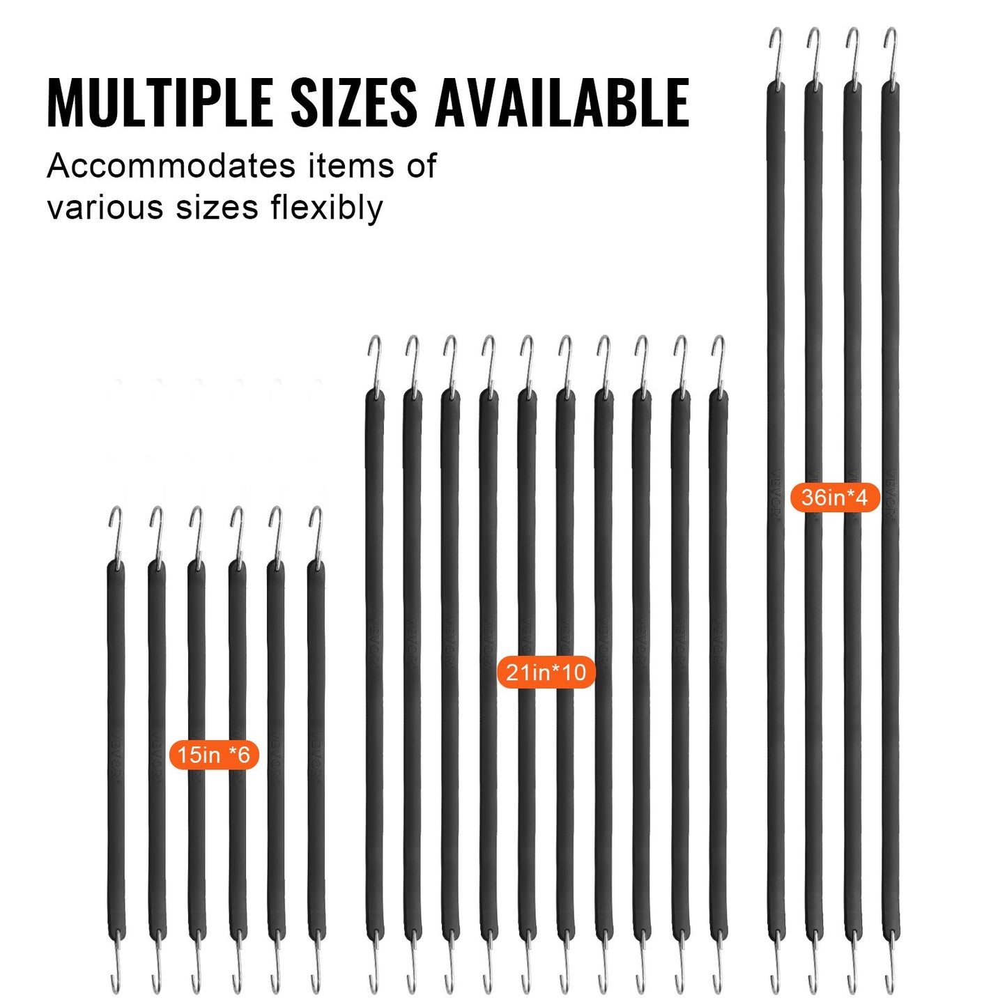 20 Piece Flat Bungee Cord, 20 mm Heavy Duty Bungee Straps with Steel S-Hooks, Includes 15", 21", 36", Elastic Bungee Rope for Cargo, Tarps, Trucks and Tent, Black