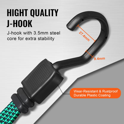 32 Piece Flat Bungee Cord Set, 17 mm Heavy Duty Bungee Straps with A3 Steel J-Hooks, Includes 10", 18", 24", 32", 40", Bungee Rope with Portable Storage Bag, 6 Clips & Canopy Ties