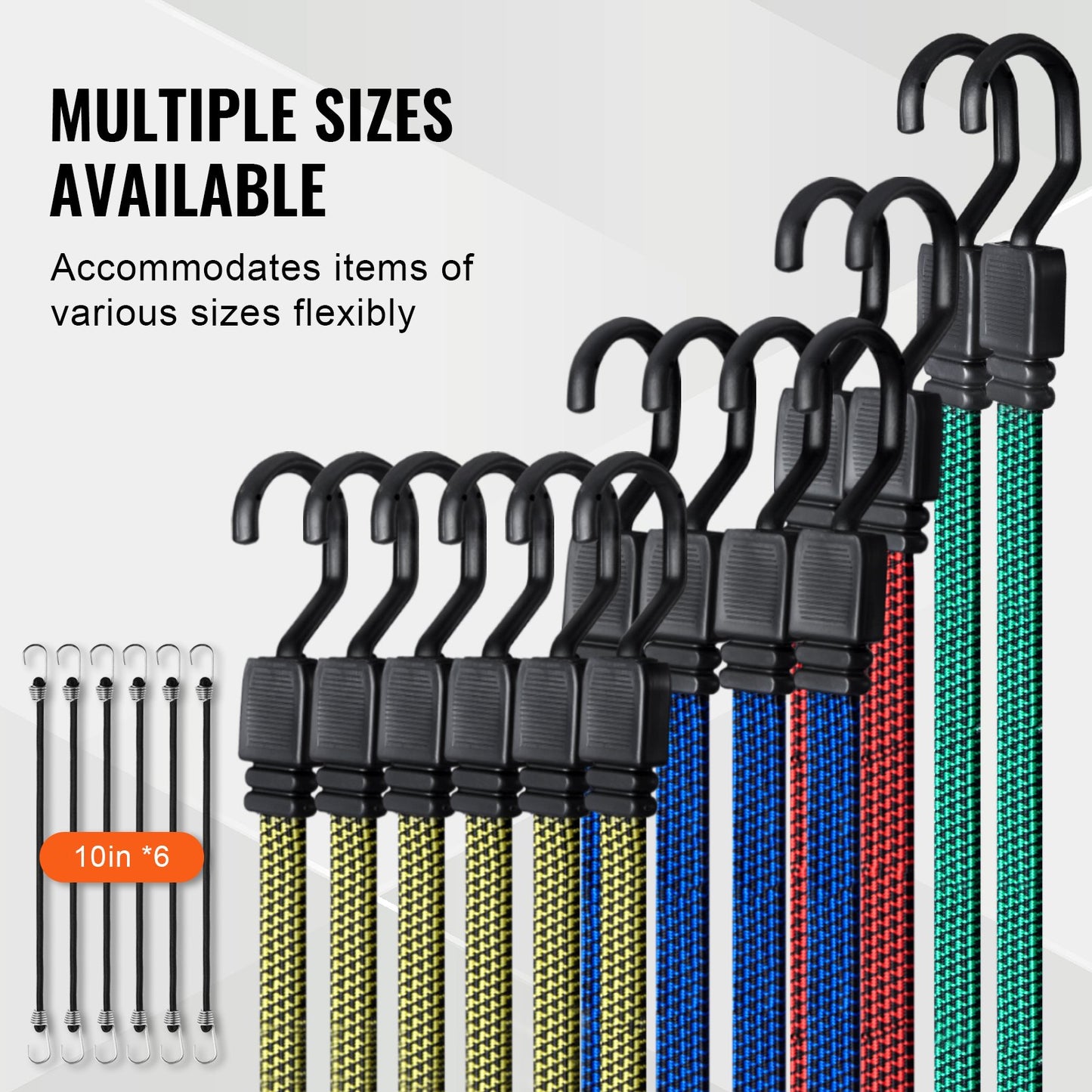 32 Piece Flat Bungee Cord Set, 17 mm Heavy Duty Bungee Straps with A3 Steel J-Hooks, Includes 10", 18", 24", 32", 40", Bungee Rope with Portable Storage Bag, 6 Clips & Canopy Ties
