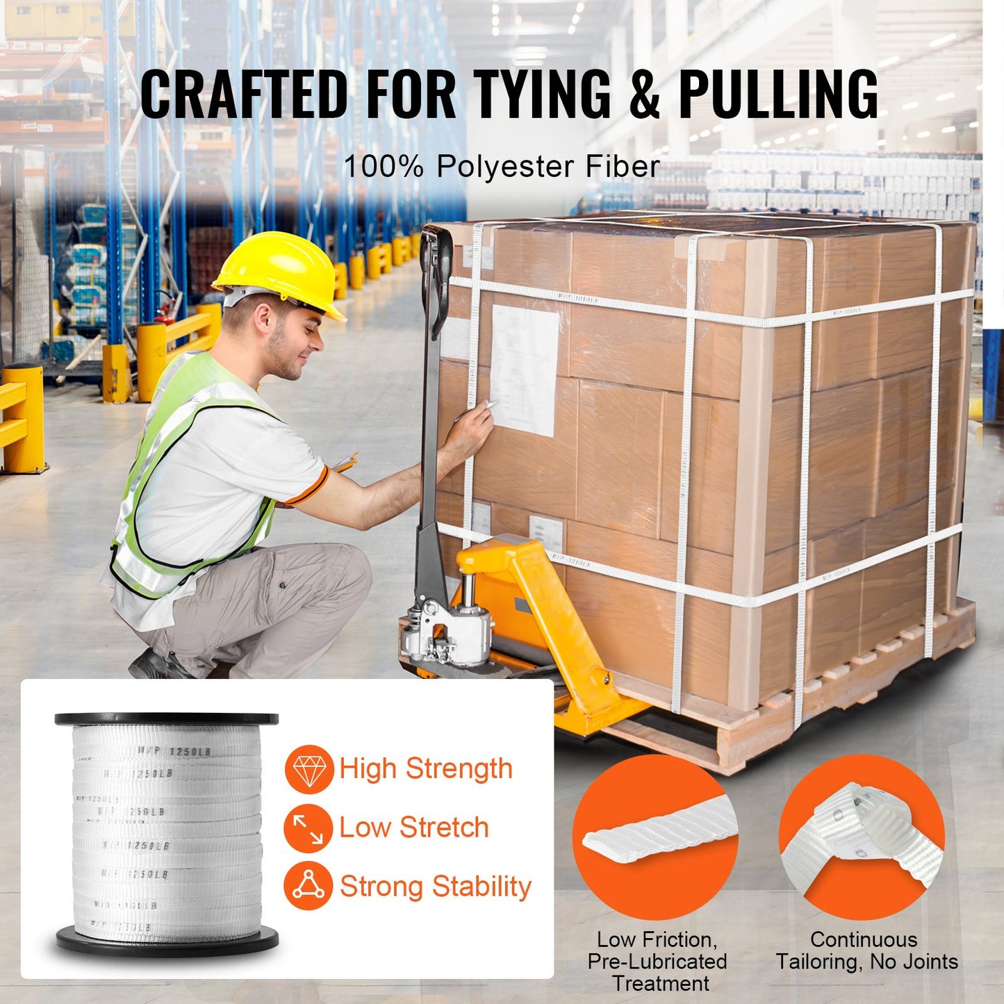 Polyesterdragtejp, 1/2" x 528' platt rep, dragkapacitet 1250 lbf, tryckt vävband för kabeldragning för förpackningar, trädgårdsskötsel, kommersiell el, rörledningsarbeten, vit