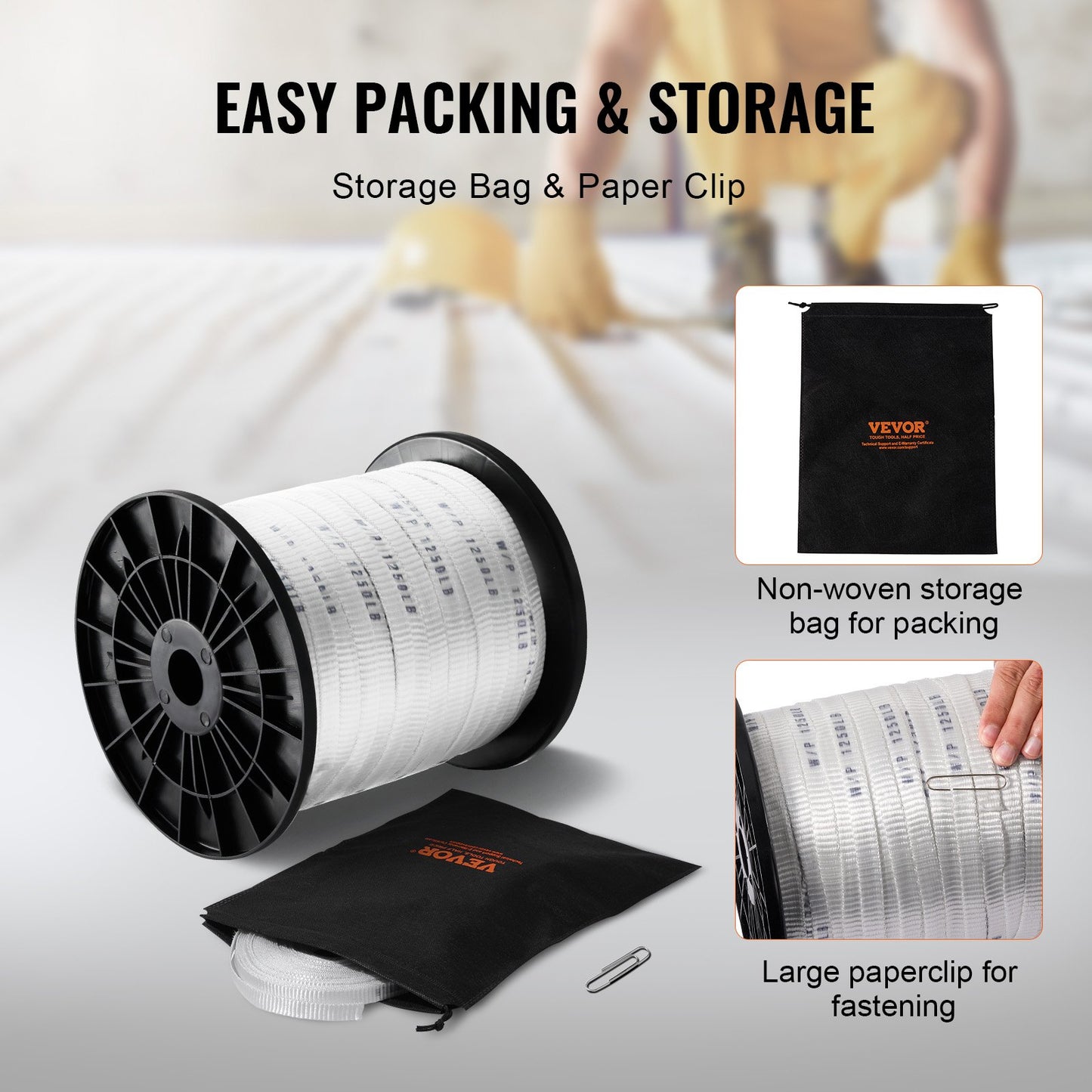 Polyesterdragtejp, 1/2" x 528' platt rep, dragkapacitet 1250 lbf, tryckt vävband för kabeldragning för förpackningar, trädgårdsskötsel, kommersiell el, rörledningsarbeten, vit