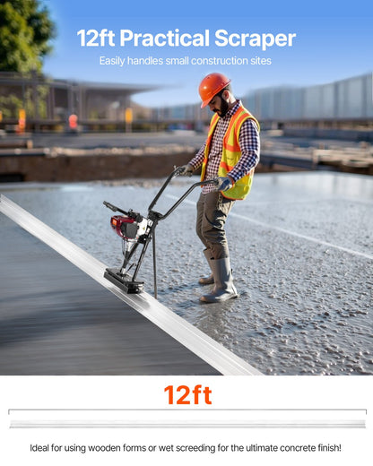 Concrete Power Screed, 12 ft Aluminum Board Straight Edge Bar Set, 4 Stroke Cement Finishing Vibrating Motor with Height Adjustable Handles, High Efficient Concrete Tool 6500RPM