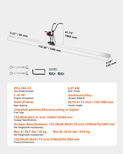Concrete Power Screed, 12 ft Aluminum Board Straight Edge Bar Set, 4 Stroke Cement Finishing Vibrating Motor with Height Adjustable Handles, High Efficient Concrete Tool 6500RPM