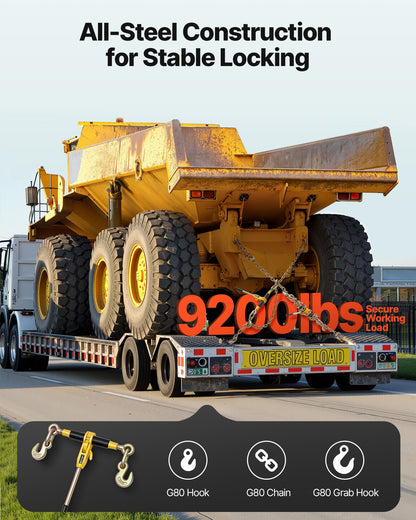Ratchet Chain Binder, 10 mm x 6.1 m G80 Chains, 4173 kg Working Load of Ratchet Load Binder, Chains and Binders Set, Tie Down Hauling Chain Binders for Hauling, Towing, Logging, Lifting