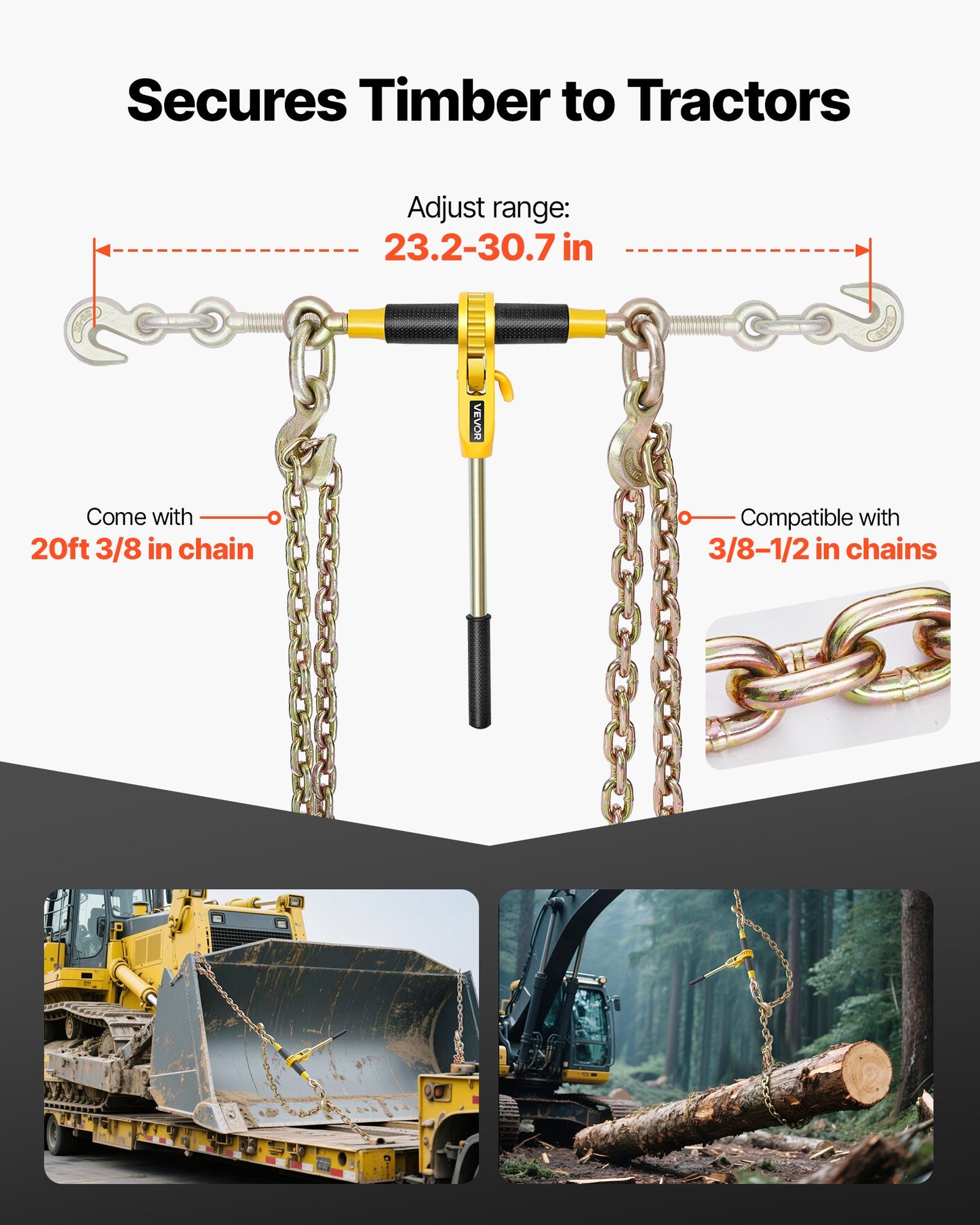 Ratchet Chain Binder, 10 mm x 6.1 m G80 Chains, 4173 kg Working Load of Ratchet Load Binder, Chains and Binders Set, Tie Down Hauling Chain Binders for Hauling, Towing, Logging, Lifting