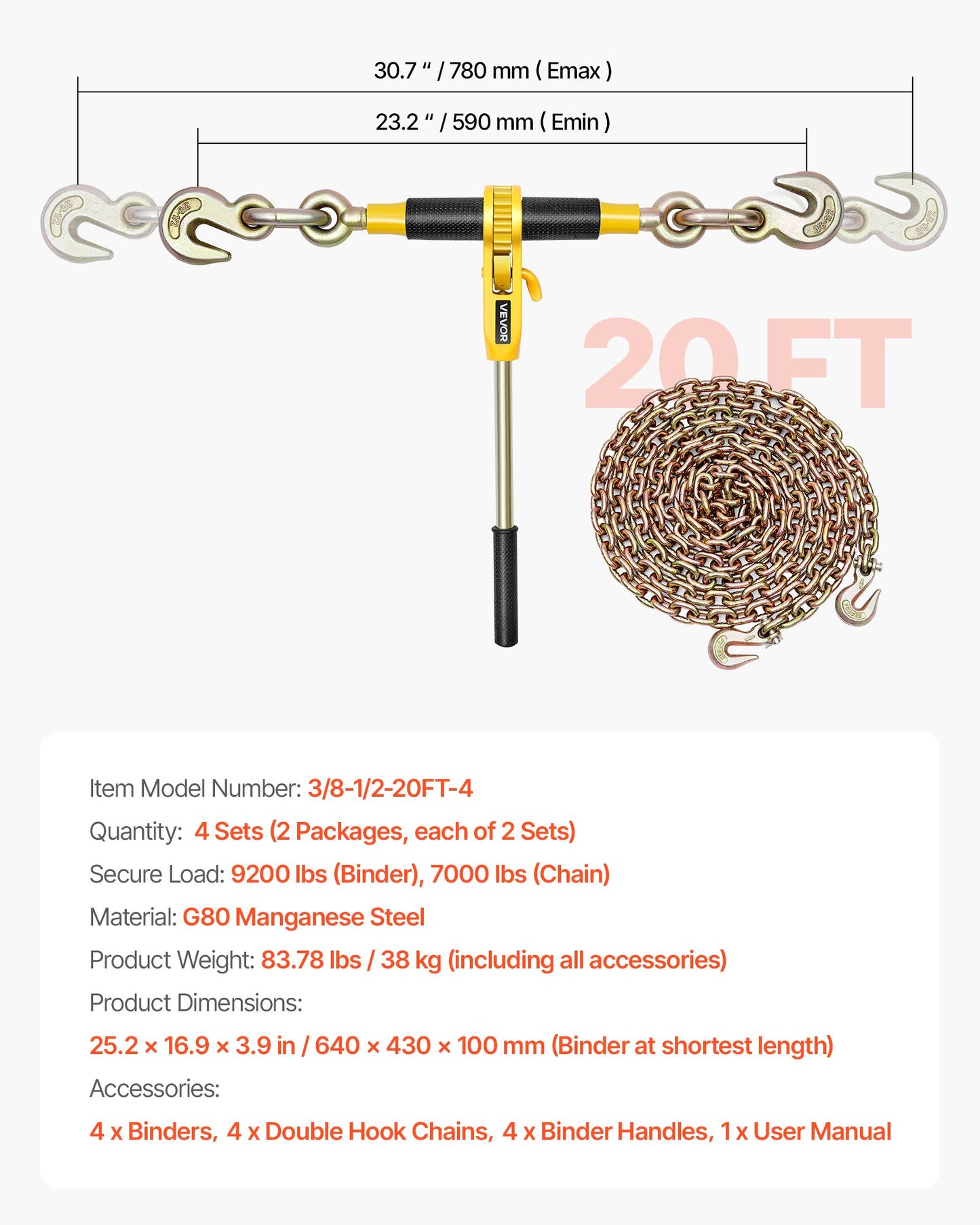 Ratchet Chain Binder, 10 mm x 6.1 m G80 Chains, 4173 kg Working Load of Ratchet Load Binder, Chains and Binders Set, Tie Down Hauling Chain Binders for Hauling, Towing, Logging, Lifting