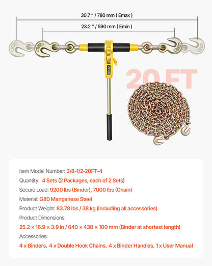 Ratchet Chain Binder, 10 mm x 6.1 m G80 Chains, 4173 kg Working Load of Ratchet Load Binder, Chains and Binders Set, Tie Down Hauling Chain Binders for Hauling, Towing, Logging, Lifting