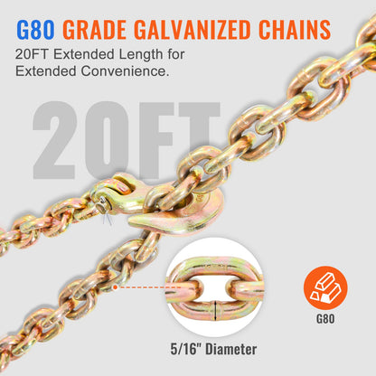 Ratchet Chain Binder, 0.8 - 0.9 cm Heavy Duty Load Binders, with G80 Chains 3220 kg Secure Load Limit, Labor-saving Anti-skid Handle, Tie Down Hauling Chain Binders for Flatbed Truck Trailer, 4 P