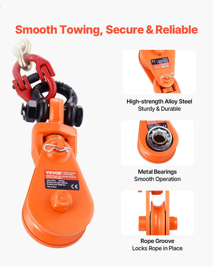 2 tons ryckblock med G80-kedja, svängbar schackel, 3" skiva för 3/8" stålvajer, ryckblocksremskiva för bogsering och bärgning på flakbärgningsbil, backrullning, bärgningsvajer för bilbärgning