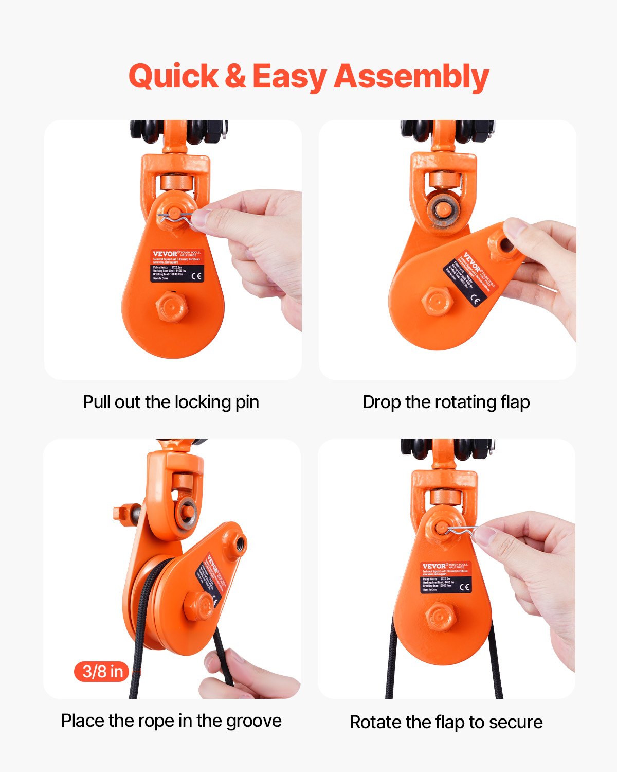 2 tons ryckblock med G80-kedja, svängbar schackel, 3" skiva för 3/8" stålvajer, ryckblocksremskiva för bogsering och bärgning på flakbärgningsbil, backrullning, bärgningsvajer för bilbärgning