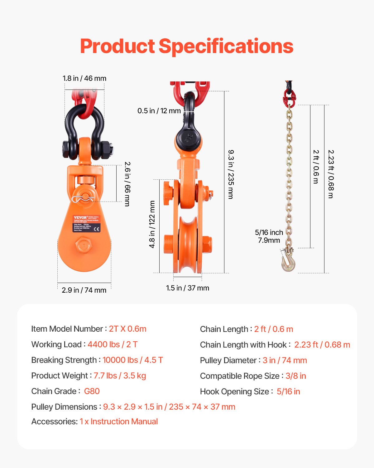 2 tons ryckblock med G80-kedja, svängbar schackel, 3" skiva för 3/8" stålvajer, ryckblocksremskiva för bogsering och bärgning på flakbärgningsbil, backrullning, bärgningsvajer för bilbärgning