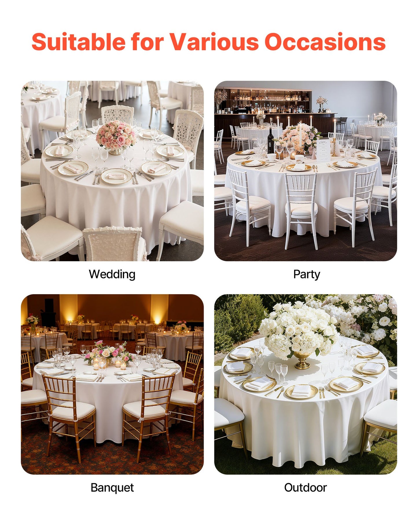 White Round Tablecloths 10 Pack, 120 Inches in Diameter, Stain- & Wrinkle- Resistant, Machine Washable Table Clothes, Polyester Fabric Table Covers for Wedding, Party, Banquet, Formal Events