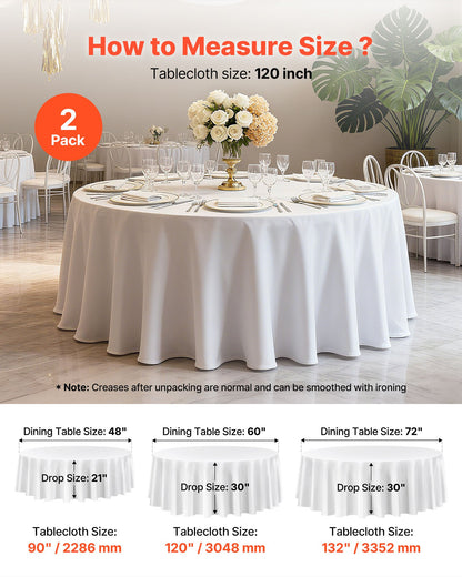 White Round Tablecloths 2 Pack, 120 Inches in Diameter, Stain- & Wrinkle- Resistant, Machine Washable Table Clothes, Polyester Fabric Table Covers for Wedding, Party, Banquet, Formal Events