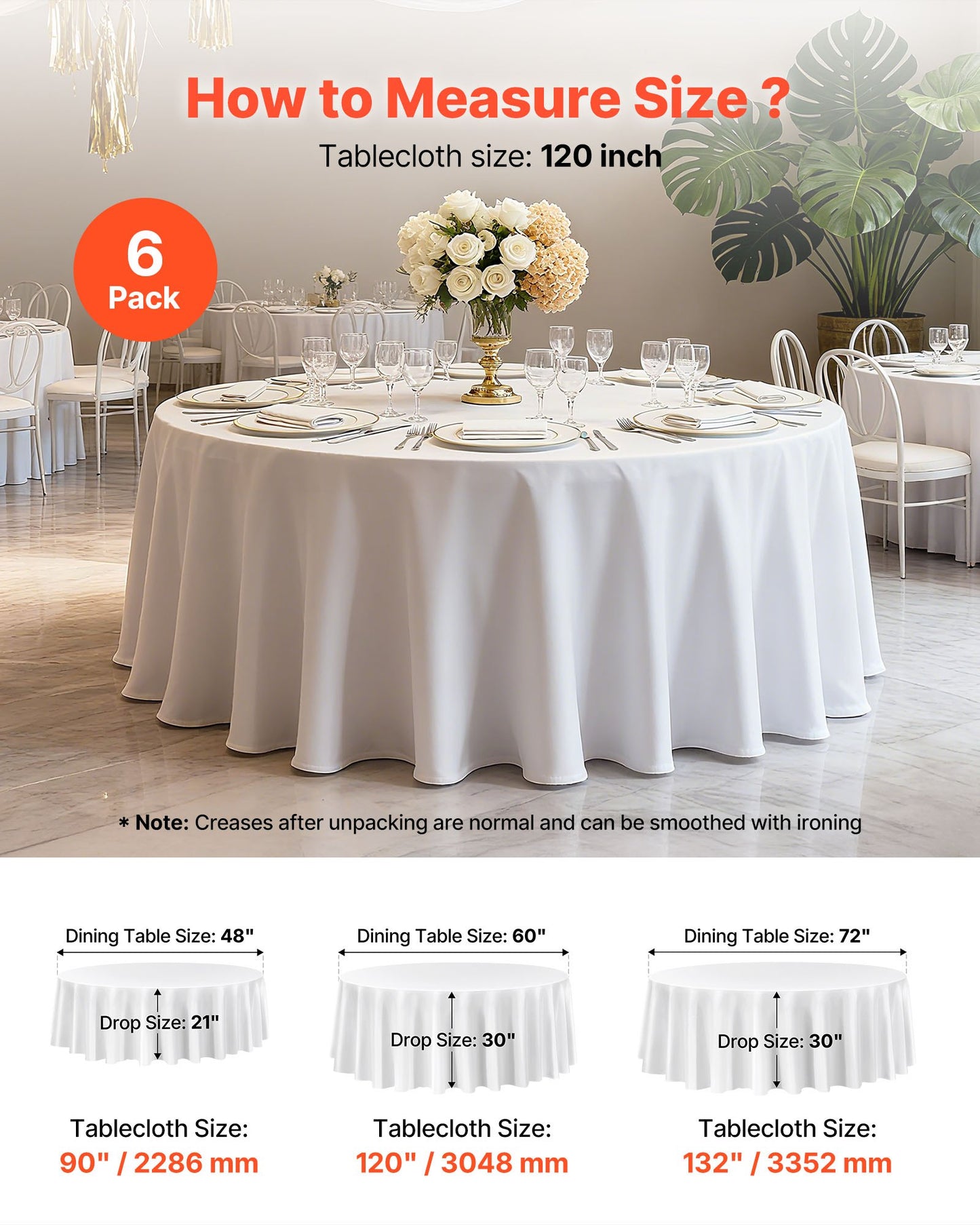 White Round Tablecloths 6 Pack, 120 Inches in Diameter, Stain- & Wrinkle- Resistant, Machine Washable Table Clothes, Polyester Fabric Table Covers for Wedding, Party, Banquet, Formal Events