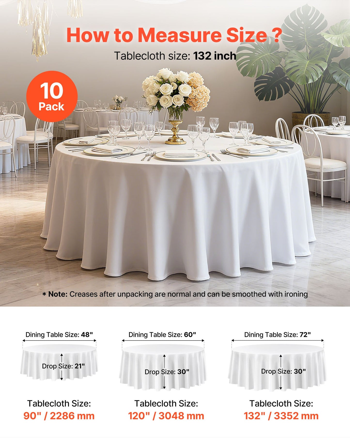 White Round Tablecloths 6 Pack, 132 Inches in Diameter, Stain- & Wrinkle- Resistant, Machine Washable Table Clothes, Polyester Fabric Table Covers for Wedding, Party, Banquet, Formal Events