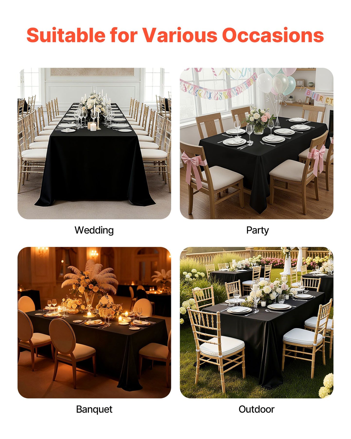 Black Tablecloths for Rectangle Tables, 6 Pack, 70 x 120 Inches, Reusable and Machine Washable Table Clothes, Wrinkle-Resistant Polyester Fabric Table Covers for Wedding, Party, Banquet