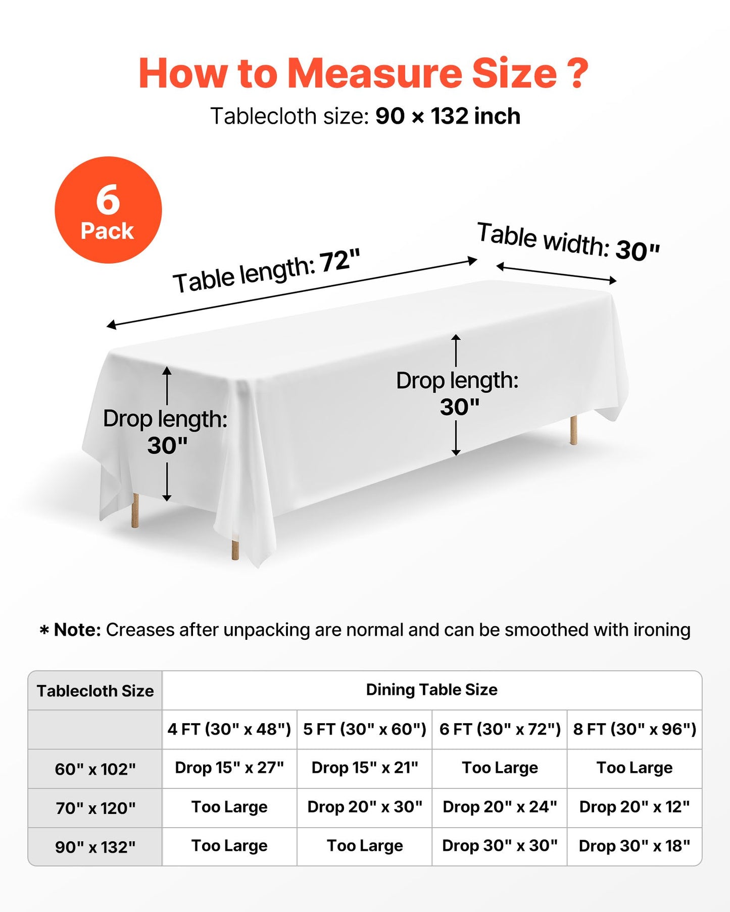 White Tablecloths for Rectangle Tables, 6 Pack, 90 x 132 Inches, Reusable and Machine Washable Table Clothes, Wrinkle-Resistant Polyester Fabric Table Covers for Wedding, Party, Banquet