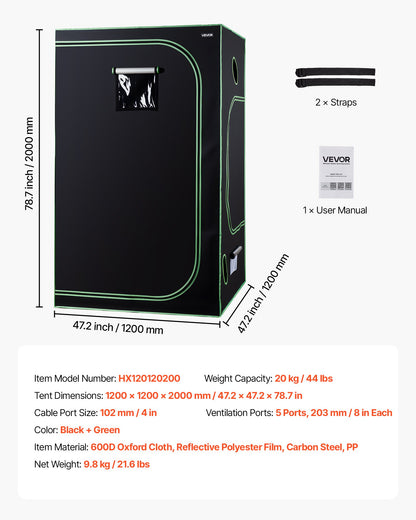 Indoor Grow Tent, 120 x 120 x 200 cm, 600D High Reflective Mylar, Indoor Plant Tent with Observation Window, Floor Tray & Zipper, Heavy Duty Growing Tents for Fruit Flower Veggie