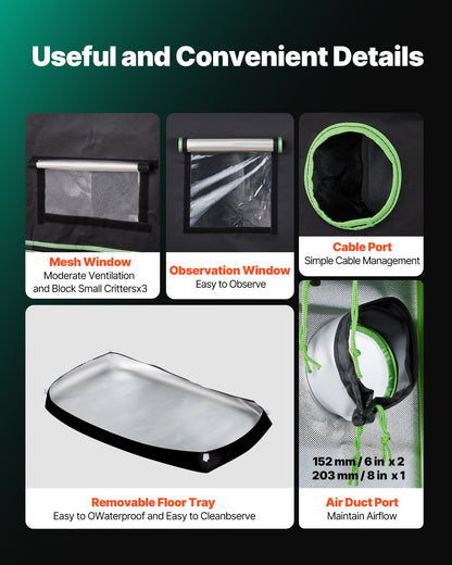 Indoor Grow Tent, 120 x 60 x 180 cm, 600D High Reflective Mylar, Indoor Plant Tent with Observation Window, Floor Tray & Zipper, Heavy Duty Growing Tents for Fruit Flower Veggie