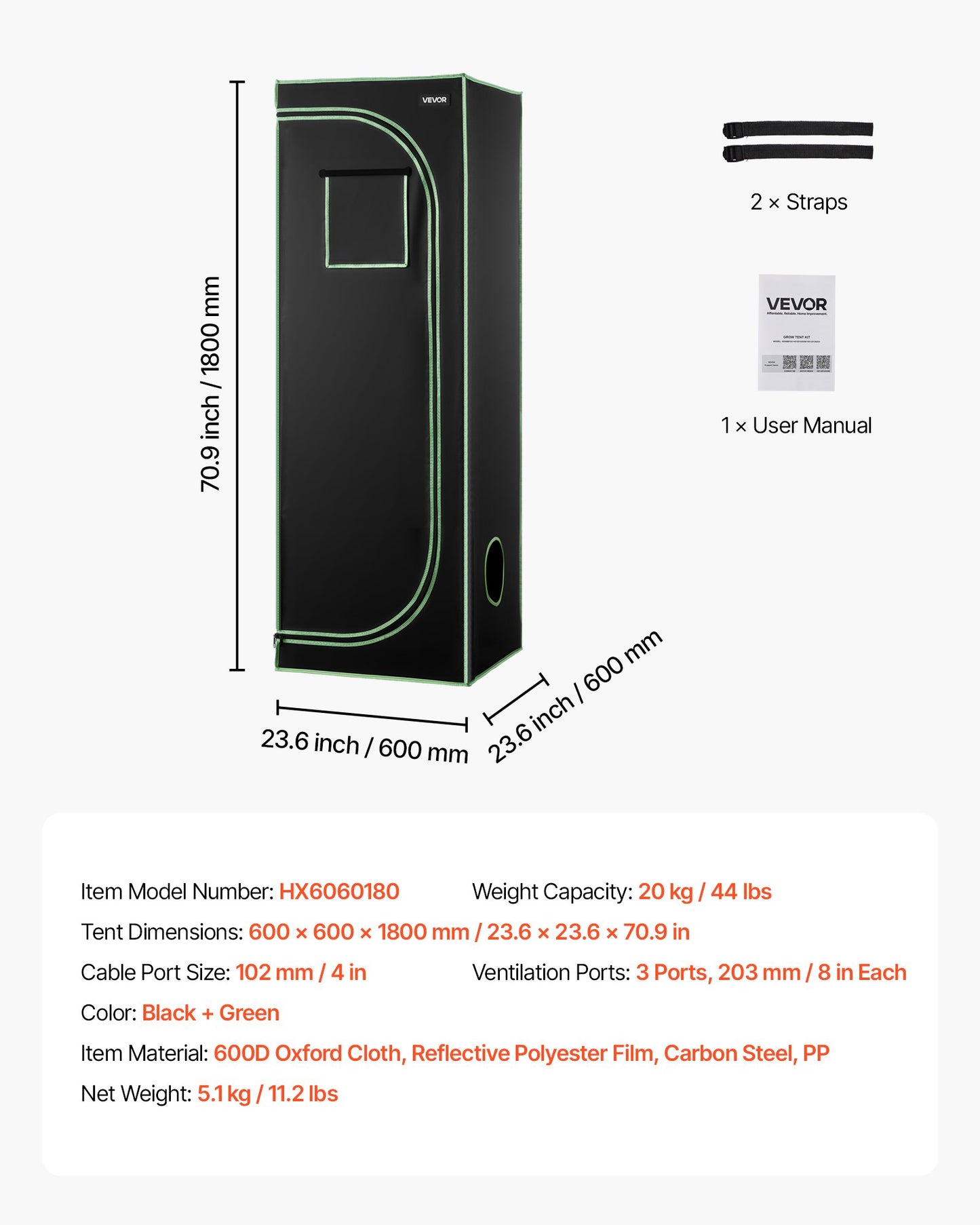 Indoor Grow Tent, 60 x 60 x 180 cm, 600D High Reflective Mylar, Indoor Plant Tent with Observation Window, Floor Tray & Zipper, Heavy Duty Growing Tents for Fruit Flower Veggie