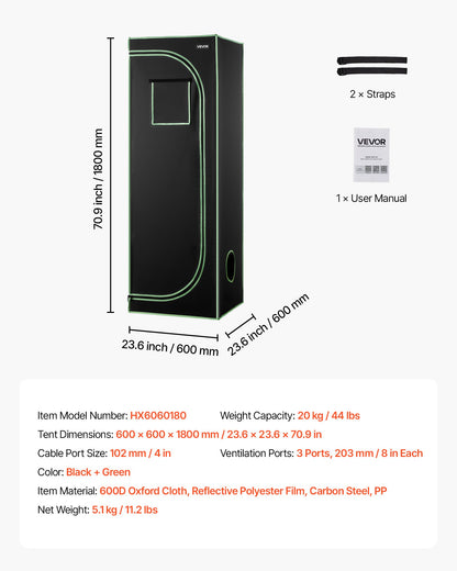 Indoor Grow Tent, 60 x 60 x 180 cm, 600D High Reflective Mylar, Indoor Plant Tent with Observation Window, Floor Tray & Zipper, Heavy Duty Growing Tents for Fruit Flower Veggie