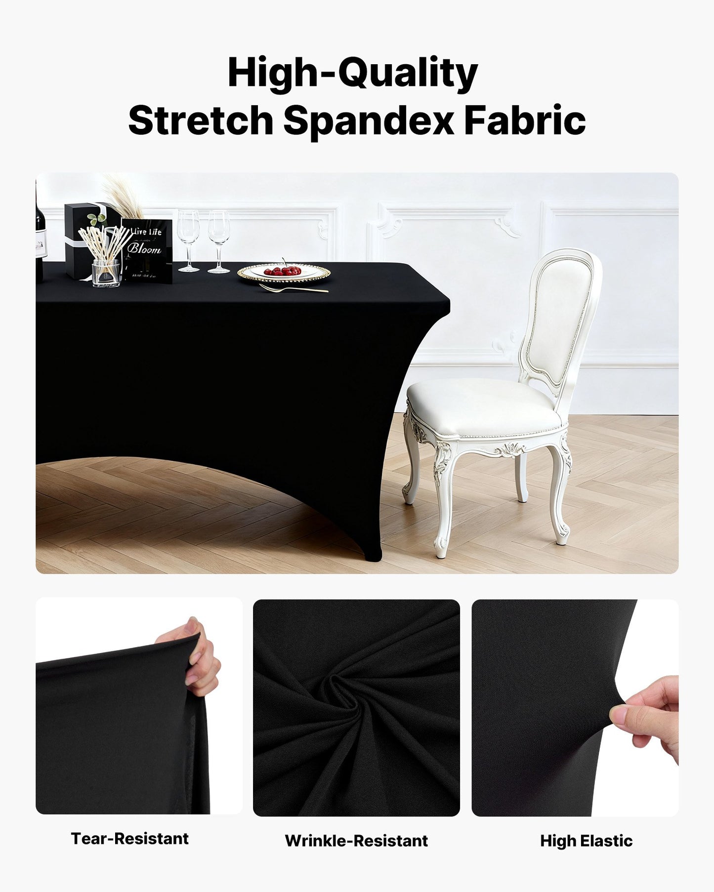 10 Pack Table Cloth for 6FT Rectangular Fitted Events, Wrinkle-Resistant Stretch Black Table Covers, Washable Spandex Tablecloth Protector, for Party, Wedding, Cocktail, Banquet, Festival