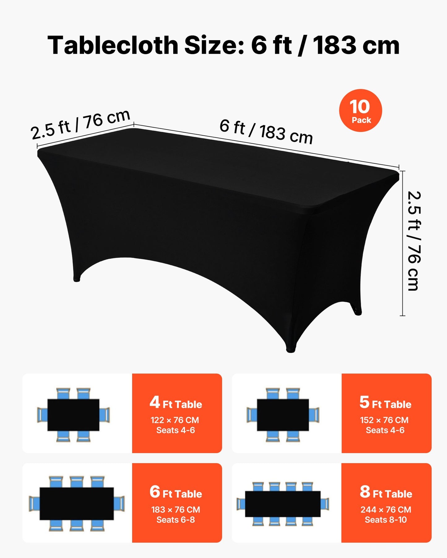 10 Pack Table Cloth for 6FT Rectangular Fitted Events, Wrinkle-Resistant Stretch Black Table Covers, Washable Spandex Tablecloth Protector, for Party, Wedding, Cocktail, Banquet, Festival