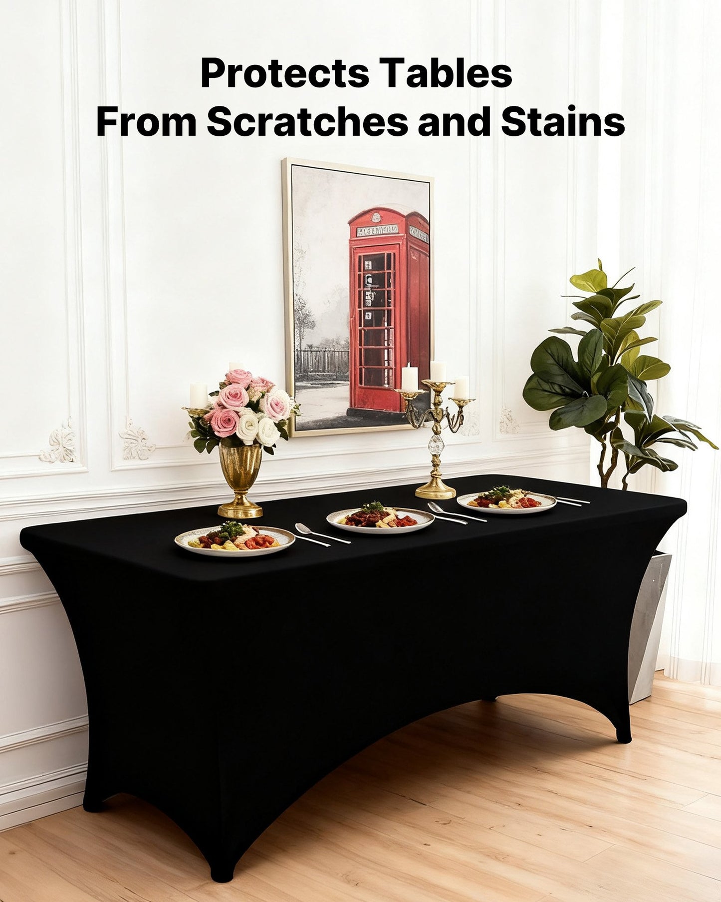 6 Pack Table Cloth for 6FT Rectangular Fitted Events, Wrinkle-Resistant Stretch Black Table Covers, Washable Spandex Tablecloth Protector, for Party, Wedding, Cocktail, Banquet, Festival