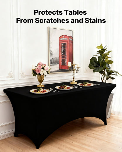 6 Pack Table Cloth for 6FT Rectangular Fitted Events, Wrinkle-Resistant Stretch Black Table Covers, Washable Spandex Tablecloth Protector, for Party, Wedding, Cocktail, Banquet, Festival