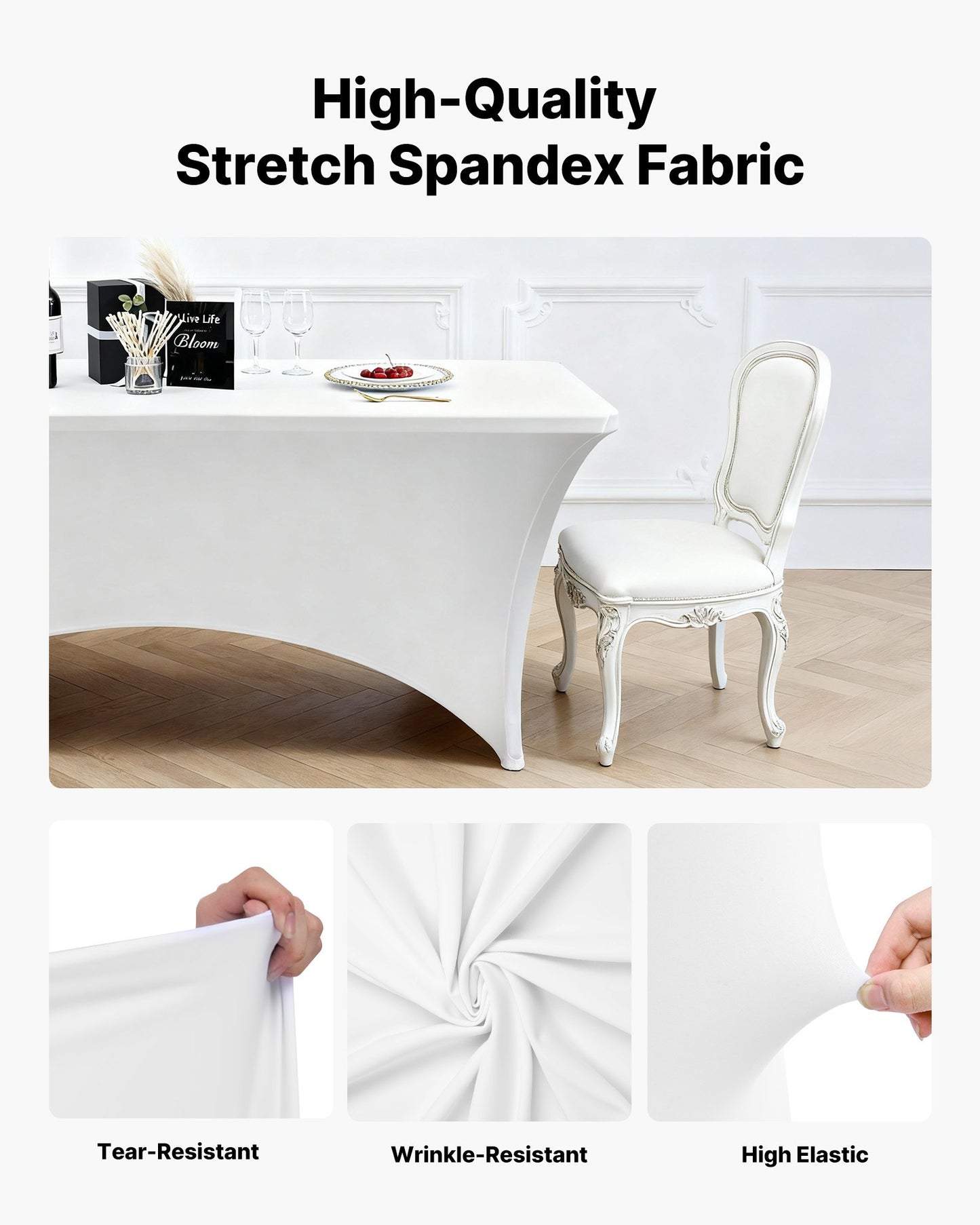 6 Pack Table Cloth for 8FT Rectangular Fitted Events, Wrinkle-Resistant Stretch White Table Covers, Washable Spandex Tablecloth Protector, for Party, Wedding, Cocktail, Banquet, Festival