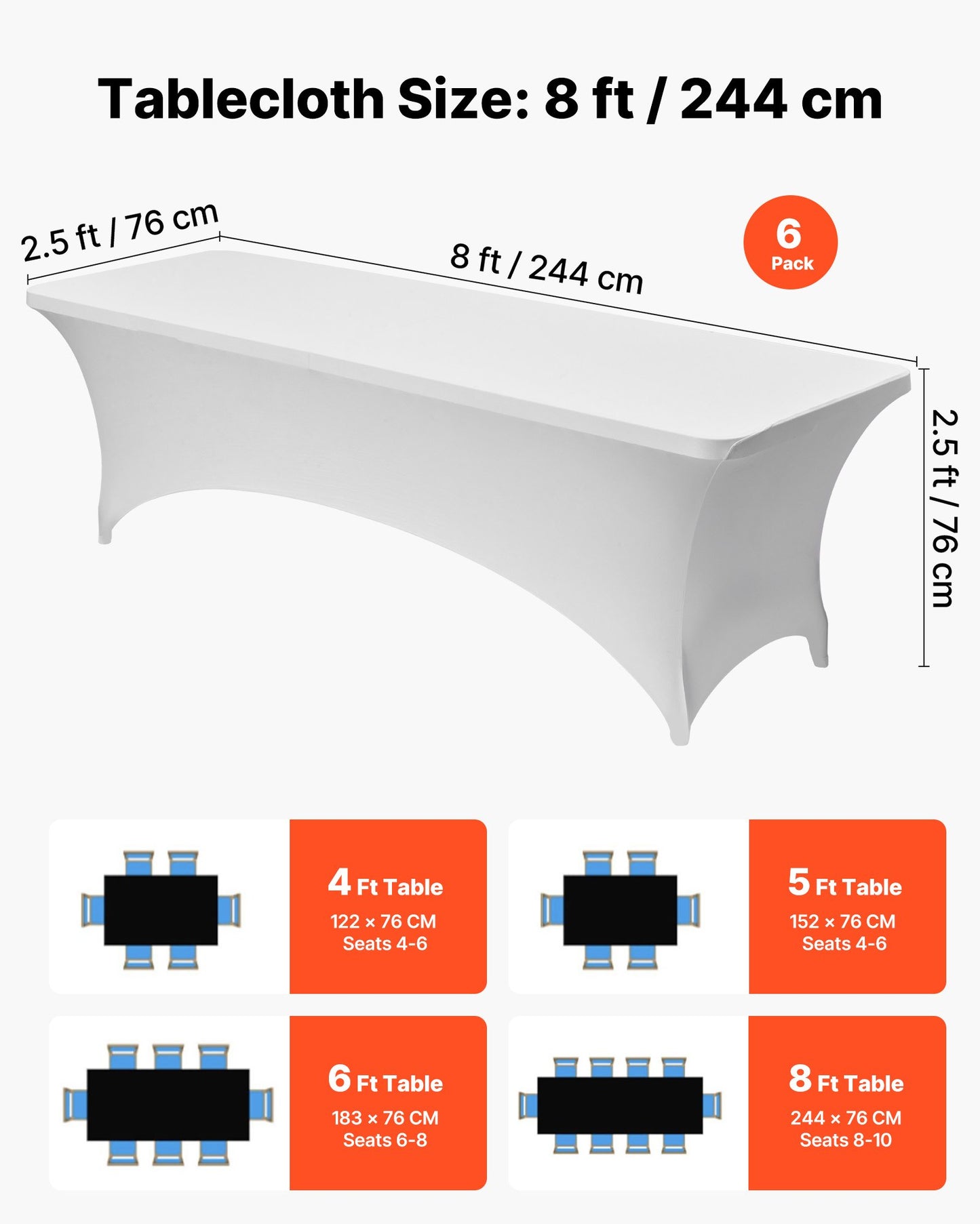 6 Pack Table Cloth for 8FT Rectangular Fitted Events, Wrinkle-Resistant Stretch White Table Covers, Washable Spandex Tablecloth Protector, for Party, Wedding, Cocktail, Banquet, Festival