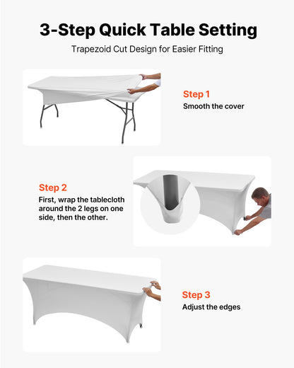 6 Pack Table Cloth for 8FT Rectangular Fitted Events, Wrinkle-Resistant Stretch White Table Covers, Washable Spandex Tablecloth Protector, for Party, Wedding, Cocktail, Banquet, Festival